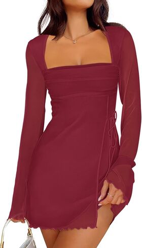 Caracilia Womens Sexy Mesh Ruched Mini Dresses Long Sleeve Square Neck Tie Fall Club Party Cocktail Going Out Short Dress in Kuwait