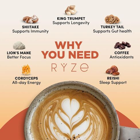 مجموعة RYZE SUPERFOODS للطاقة طوال اليوم مع فطر قهوة مشوية متوسطة الحجم + فطر ماتشا، عضوي من وزارة الزراعة الأمريكية مع 6 فطر متكيف + ماتشا للحصول على طاقة أفضل وتركيز وهضم 30+30 حصة in Kuwait