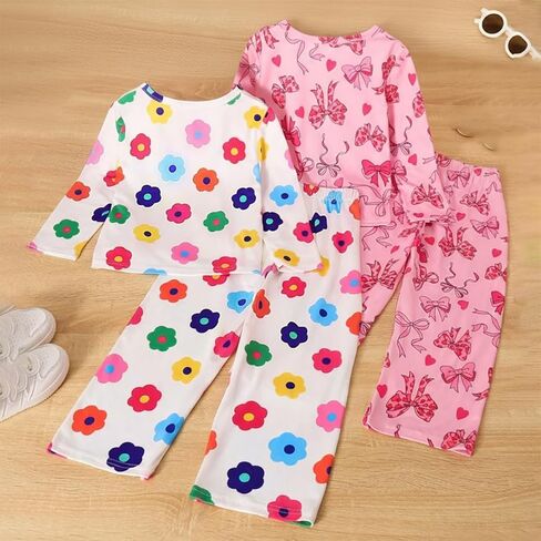 Little Girls Clothing Sets Long Sleeve Fall Top and Pants Set Colorful Floral Bow Girls 2 Piece Outfits 4-8T in Saudi Arabia