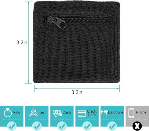 Alomejor Wrist Wallet Sweatband with Zipper, Cotton, Black/Blue/Red/White, 3.2x3.2 in, for Running and Sports in Kuwait