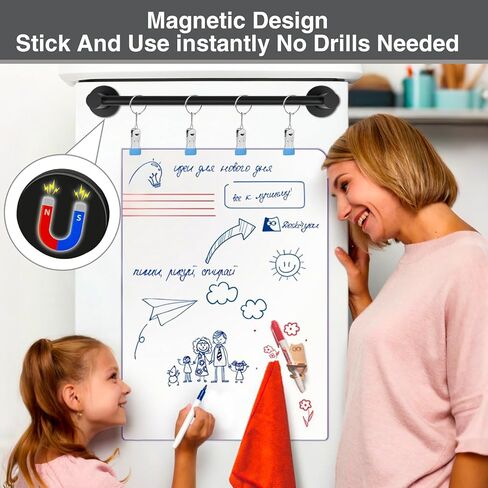 حامل مغناطيسي عالي التحمل، منظم مخطط مرساة، عرض تقويم قابل للتعديل للمعلمين، قضيب من الفولاذ المقاوم للصدأ باللون الأسود مقاس 14 بوصة - 30 بوصة مع 6 حلقات و4 مشابك للفصول الدراسية والمنزل والمطبخ (أسود) in Kuwait