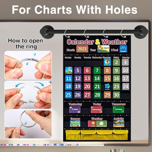 حامل مغناطيسي عالي التحمل، منظم مخطط مرساة، عرض تقويم قابل للتعديل للمعلمين، قضيب من الفولاذ المقاوم للصدأ باللون الأسود مقاس 14 بوصة - 30 بوصة مع 6 حلقات و4 مشابك للفصول الدراسية والمنزل والمطبخ (أسود) in Kuwait