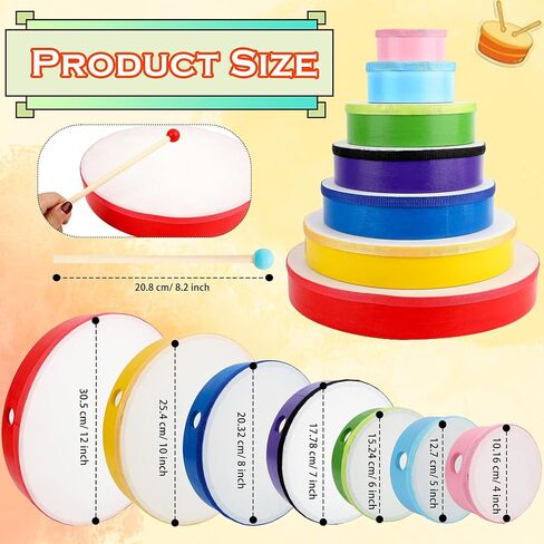 7 Pack Hand Drums Set 12 10 8 7 6 5 4 Inch Wood Frame Drum with Drumsticks Percussion Instruments for Kids Adults School Church Party Gifts in Saudi Arabia