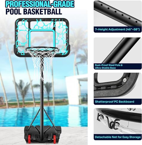 Pool Basketball Hoop 7-Height Adjustable Swimming Pool Basketball - Water Basketball Goals System with PC Shatterproof Backboard & 2 Balls, Outdoor Pool Accessories, Portable Basketball Hoop with LED in Kuwait