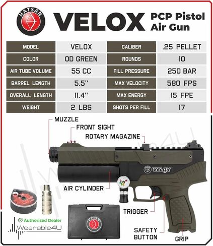 Hatsan Velox .25 Cal 580 FPS 15 FPE 10-Shot PCP OD Green Side Bolt Air Pistol in Kuwait