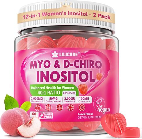 Inositol Gummies for Women + Chasteberry, Myo-Inositol & D-Chiro Inositol 2000mg + 50mg Ideal 40:1 Ratio with Methylated B12 & Folate, Choline, Magnesium, Vitamin D3 for Overall Health, Pack of 2 in Kuwait