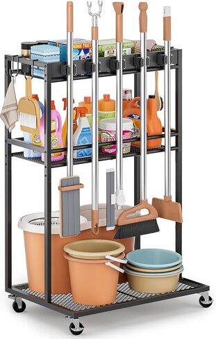 حامل مكنسة مع منظم مستلزمات التنظيف، خزانة تخزين خزانة المكنسة مع خطافات حامل شماعات الممسحة، عربة تنظيف المنزل مع علبة التنظيف، منظمة غرفة الغسيل in Kuwait