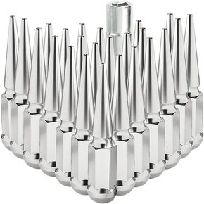 M14x1.5 صواميل العروة المدببة لسيلفرادو 1500، 24 قطعة صواميل عروة سوداء 14x1.5 لـ F150 سييرا 1500، 14 مم × 1.5 صامولة الجوزة المنتفخة مع مفتاح مقبس واحد لعجلة ما بعد البيع (فضي) in Kuwait
