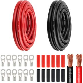 كابل طاقة بطارية 6 Awg - 15FT أحمر + 15FT أسود 6 كابل لحام مرن سلك نحاسي OFC مع موصلات طرفية العروات وأنبوب الانكماش الحراري للسيارات والبطارية والعاكس والقارب والمولد in Kuwait