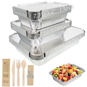 BIBRADAA® 35 عبوة من مقالي الألومنيوم بأغطية، 2200 مل (4.4 رطل)/1100 مل (2.4 رطل)/700 مل (1.5 رطل) مقالي رقائق معدنية بأغطية، مقالي رقائق الألومنيوم، لتقديم الطعام، وإعداد الوجبات والإخراج. تأتي مع 10 مجموعات من أدوات المائدة الخشبية. in Kuwait