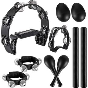 10 Pcs Percussion Instrument Set, Half Moon Tambourine, Wood Rhythm Sticks, Bells Tambourine, Wrist Bells, Egg Shakers, Maracas for Party, Black in Kuwait