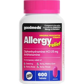 Allergy Medicine Antihistamine, Diphenhydramine HCl 25 mg | Children and Adults | Relieve Itchy Eyes, Runny Nose, Sneezing (25 mg, 600 Tablets) in Kuwait