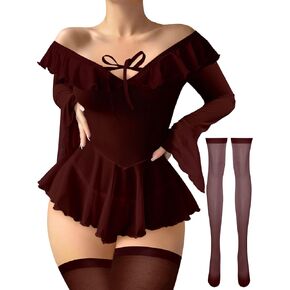Sexy Ruffle Bell Sleeve Mesh Sheer Babydoll Lingerie Set Dress with Thong 2 Piece in Kuwait