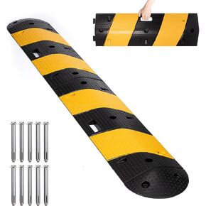 مطب سرعة مطاطي قابل للطي، هيكل بطول 7 أقدام مع غطاءين طرفيين - إجمالي 83.5 بوصة × 12 بوصة × 2 بوصة، تصميم بمقبض للحمل، مطب سرعة للممر باللون الأسود/الأصفر للممرات ومواقف السيارات والأحداث in Kuwait