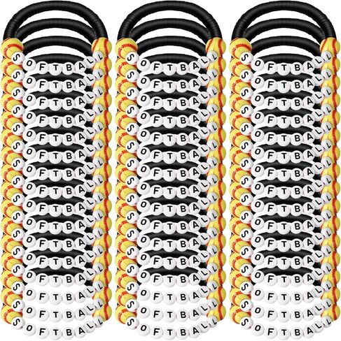 48 Pcs Sports Bracelets Stackable Clay Beaded Bracelets Sports Party Favors Charm for Teens Women Men Party Decoration (Softball, Black) in Saudi Arabia