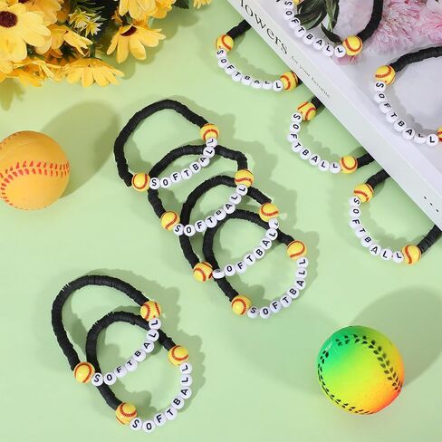 48 Pcs Sports Bracelets Stackable Clay Beaded Bracelets Sports Party Favors Charm for Teens Women Men Party Decoration (Softball, Black) in Saudi Arabia