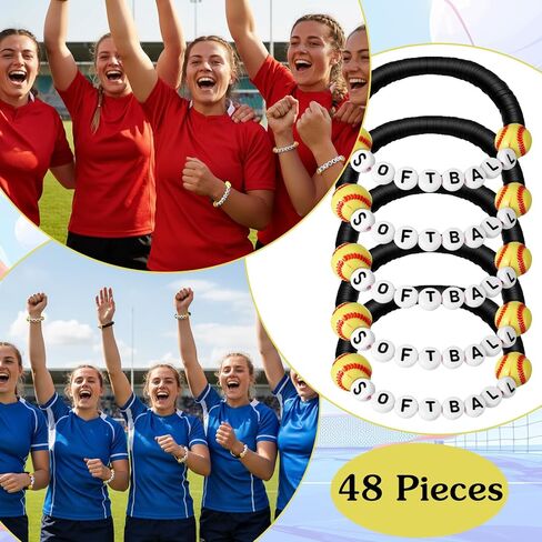 48 Pcs Sports Bracelets Stackable Clay Beaded Bracelets Sports Party Favors Charm for Teens Women Men Party Decoration (Softball, Black) in Saudi Arabia
