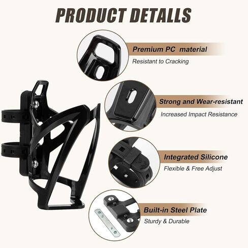 PSLER Bicycle Bottle Cage Base and Bottle Holder, PC Bike Water Bottle Holder with Screw-Free Mount for 22-45mm (0.86''-1.77'') Diameter Tubes, Black in Saudi Arabia