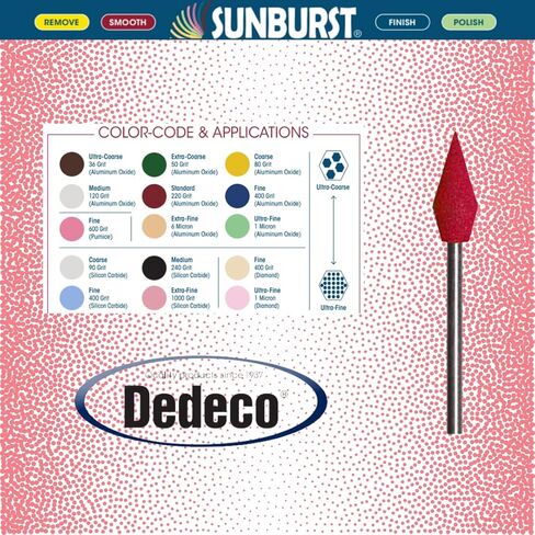 Dedeco Sunburst Points - 3/32 بوصة (2.35 مم) ساق، الشكل -14، ملحقات أدوات دوارة لتلميع وتلميع البلاستيك الحراري الدقيق، قياسية 220 حبيبة، أكسيد الألومنيوم - 12 عبوة in Kuwait