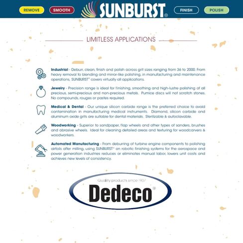 عجلة كاشطة مطاطية من Dedeco Sunburst للأداة الدوارة - عجلة حافة سكين 7/8 بوصة (22 مم)، ملحقات أدوات دوارة تلميع، فائقة النعومة 6 ميكرون 2500 حبيبة، أكسيد الألومنيوم الخوخي - 12 قطعة في كل عبوة in Kuwait