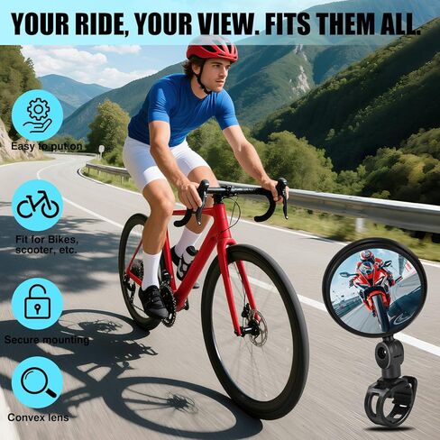 Bike Mirror Handlebar Mount, 2 Pcs 360° Rotatable Adjustable Acrylic Convex Mirror, No Tool Installation, Vibration-Free Wide View for Mountain/Road/E-Bike/Scooter - Bicycle Accessories in Kuwait