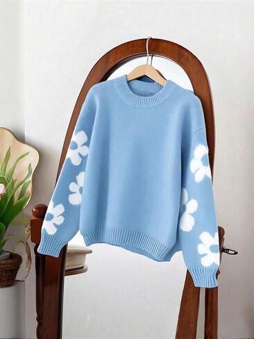 1 pcs Girls Teenager Sweater, Haze Blue Knitwear, Casual Fashion Warm Autumn Winter Pullover for Teen Girls in Saudi Arabia