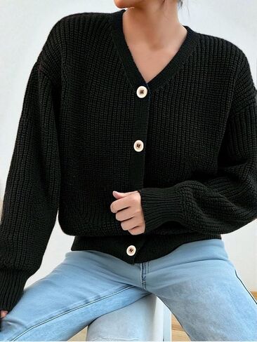 1 pcs Girls Teenager Knit Sweater Cardigan, Casual Fashion Warm Winter Autumn Black Top for Teen Girls in Saudi Arabia
