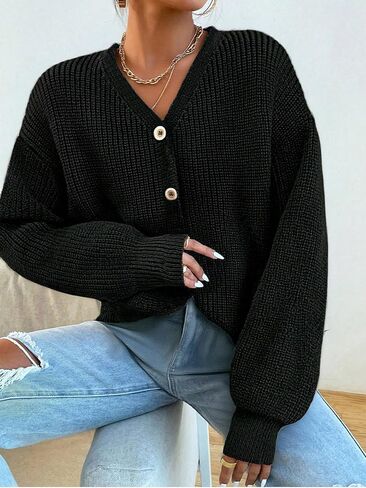 1 pcs Girls Teenager Knit Sweater Cardigan, Casual Fashion Warm Winter Autumn Black Top for Teen Girls in Saudi Arabia
