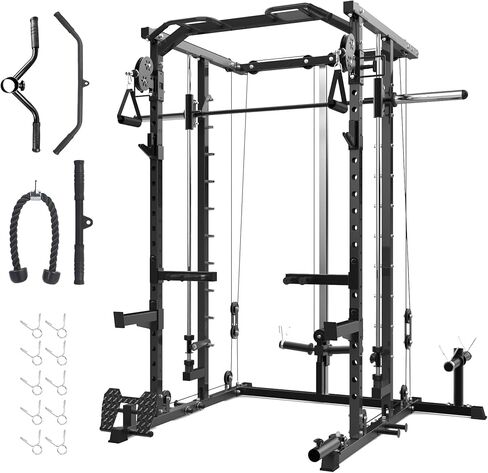 GAOMON Smith Machine Squat Rack, Heavy Duty Strength Training Power Cage with Pulley System, Dip Bar, LAT Pulldown, Multifunctional Workout Machine for Home Gym, Studio in Saudi Arabia
