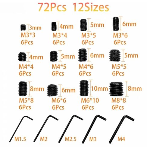 مجموعة متنوعة من البراغي مكونة من 72 قطعة مع مفاتيح سداسية، ومسامير ألين مترية (M3 M4 M5 M6 M8) للأثاث والإلكترونيات والأشغال اليدوية - 12 مقاسًا in Kuwait