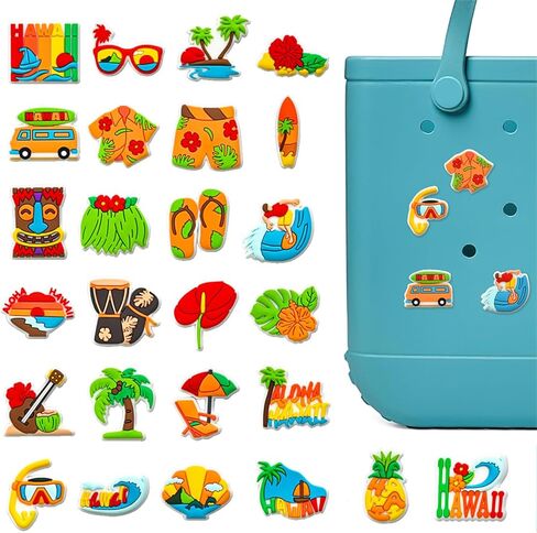 25pcs سحر الشاطئ لحقيبة Bogg ، سحر Summer Vacay Chic للبنات ، إكسسوارات حقيبة حمل المطاط ، مزيج من حقيبة اليد الملونة ، مزيج كبير من السحر الصغير in Kuwait