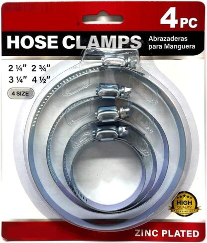 4-Pack Hose Clamps Assortment – Zinc-Plated Steel, Adjustable 2-1/4" to 4-1/2", Heavy-Duty Clamps for Hoses, Pipes & Tubes in Kuwait