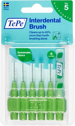 TePe Interdental Brush Original, Soft Dental Brush for Teeth Cleaning, Pack of 6, 0.8mm, Large Gaps, Green, Size 5 in Kuwait