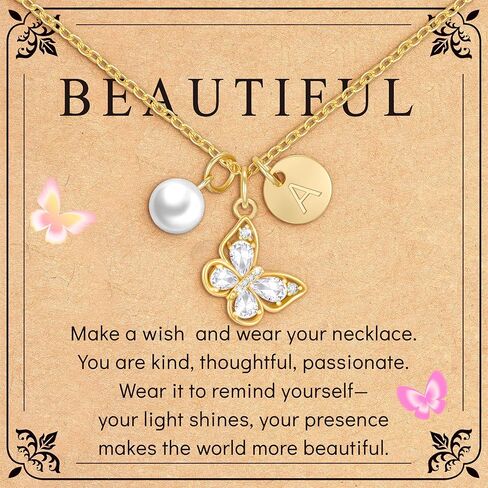 قلادة أولية لؤلؤة الفراشة للبنات ، 14 كيلو بيل مطلي بالذهب فراشة قلادة مجوهرات لذيذة عيد ميلاد عيد ميلاد للبنات ابنة أفضل صديق in Kuwait