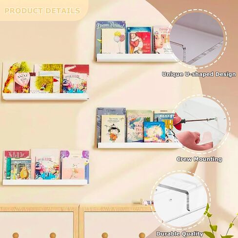 4 Pack Floating Shelves for Wall, 15" x 4" Acrylic Book Shelf for Plants, Toys, Book, Photo, Mounted Display Shelf Organizer in Bathroom, Room, Living Room Decor, Clear in Kuwait