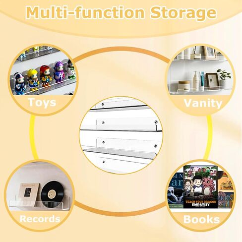 4 Pack Floating Shelves for Wall, 15" x 4" Acrylic Book Shelf for Plants, Toys, Book, Photo, Mounted Display Shelf Organizer in Bathroom, Room, Living Room Decor, Clear in Kuwait