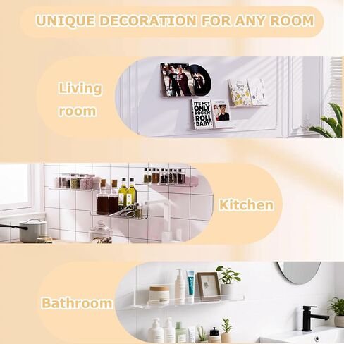 4 Pack Floating Shelves for Wall, 15" x 4" Acrylic Book Shelf for Plants, Toys, Book, Photo, Mounted Display Shelf Organizer in Bathroom, Room, Living Room Decor, Clear in Kuwait