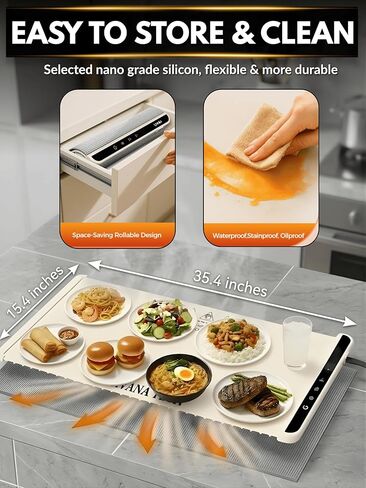 Food Warming Mat for Countertop, Extra Large 36"×15" Electric Silicone Warming Tray with Heat-Resistant Pad | 3 Temp Settings (122°F-212°F) 6H Timer Child Lock | Roll-Up Food Warmer for Parties in Saudi Arabia