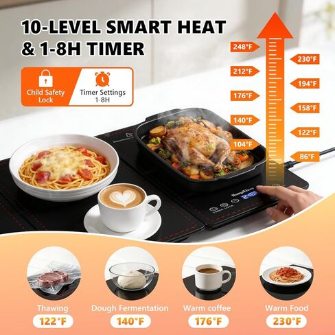 صينية تسخين كهربائية، سخانات طعام معيارية 4 في 1 لبوفيه الحفلات مع 10 إعدادات لدرجة الحرارة ومؤقت 8 ساعات، بساط زجاجي لتدفئة الطعام مقاس 33 بوصة × 15 بوصة، سخان محمول لتقديم الطعام والتجمعات in Kuwait