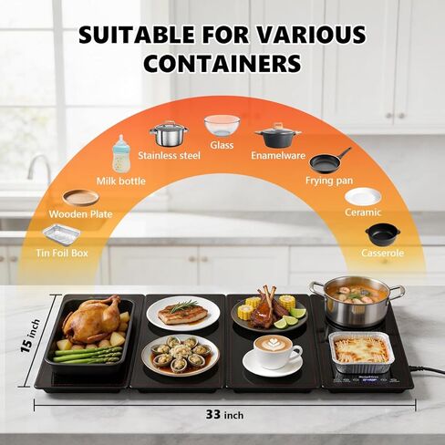صينية تسخين كهربائية، سخانات طعام معيارية 4 في 1 لبوفيه الحفلات مع 10 إعدادات لدرجة الحرارة ومؤقت 8 ساعات، بساط زجاجي لتدفئة الطعام مقاس 33 بوصة × 15 بوصة، سخان محمول لتقديم الطعام والتجمعات in Kuwait