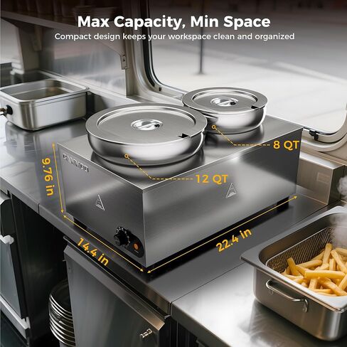 سخان شوربة كهربائي 2 في 1 وسخان طعام على طاولة البخار، 20 لترًا، وعاء باين ماري من الفولاذ المقاوم للصدأ بقدرة 1200 وات، درجة حرارة قابلة للتعديل من 86 إلى 185 درجة فهرنهايت، غلاية شوربة تجارية لتقديم الطعام في بوفيه المطعم in Kuwait