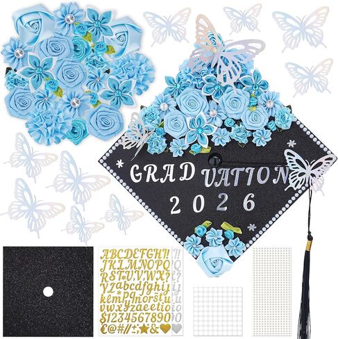 VISSTREE Graduation Cap Decorations Kit - 56 Pcs DIY Cap Decoration with Pink Artificial Flower Rhinestones Letter Stickers 3D Glitter Butterfly for 2025 Graduation Dress Grad Hats Topper in Kuwait
