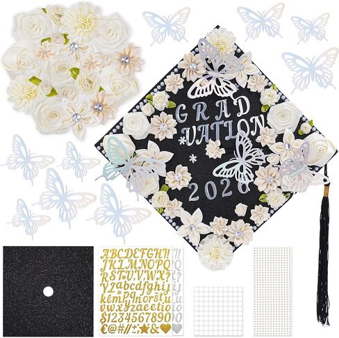 مجموعة زخارف Cap Visstree التخرج - 56 PCS DIY CAP DERICATION WITH PINK FLOY FLOWER FLOWER FLOWER FLOWER FLOWER FLOWER FLOWER LETTERS FLUSTERS 3D BLATFLY FOR 2025 GRAGUTION DUT GRAD HATS TOPPER in Kuwait