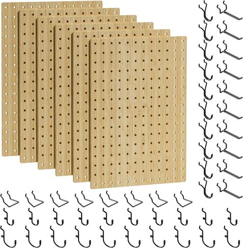 VOIMO Bamboo Pegboard Organizer Set, 6 Panels (16"x12") with 48 Hooks – Eco-Friendly Wall Mounted Storage Rack for Tools, Crafts & Office – Natural Bamboo Pegboard System with Accessories in Saudi Arabia