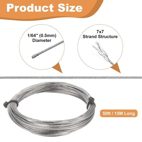 HARFINGTON 304 Stainless Steel Cable Wire Rope Kit 50FT (15M) Long 1/64" (0.5mm) Dia 7x7 Strand Core with 20pcs Loop Sleeve for Deck Railing System Outdoor Hanging Kit Garden Fence in Saudi Arabia