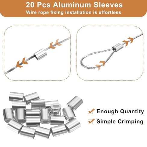 HARFINGTON 304 Stainless Steel Cable Wire Rope Kit 50FT (15M) Long 1/64" (0.5mm) Dia 7x7 Strand Core with 20pcs Loop Sleeve for Deck Railing System Outdoor Hanging Kit Garden Fence in Saudi Arabia