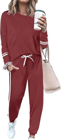 Women 2 Piece Outfits Crew Neck Striped Long Sleeve Casual Sweatsuit Lounge Set Tracksuits Pajama Pullover with Pocket in Saudi Arabia