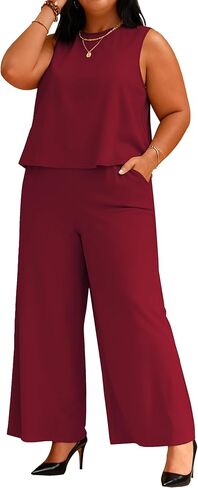 TOPSRANI Womens Plus Size 2 Piece Outfits Casual Lounge Sweatsuits Tracksuit Sleeveless Baggy Wide Leg Long Pants Sets in Kuwait