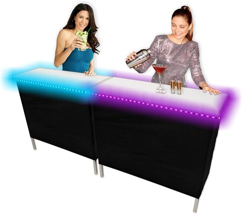 PARTYPONG Portable Bar w/ 16 LED Light Colors, Black & Hawaiian Bar Skirts, Supportive Storage Shelf, Folding Legs & Carrying Case - Double Bar in Kuwait
