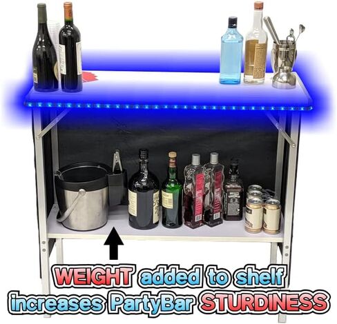 PARTYPONG Portable Bar w/ 16 LED Light Colors, Black & Hawaiian Bar Skirts, Supportive Storage Shelf, Folding Legs & Carrying Case - Double Bar in Kuwait